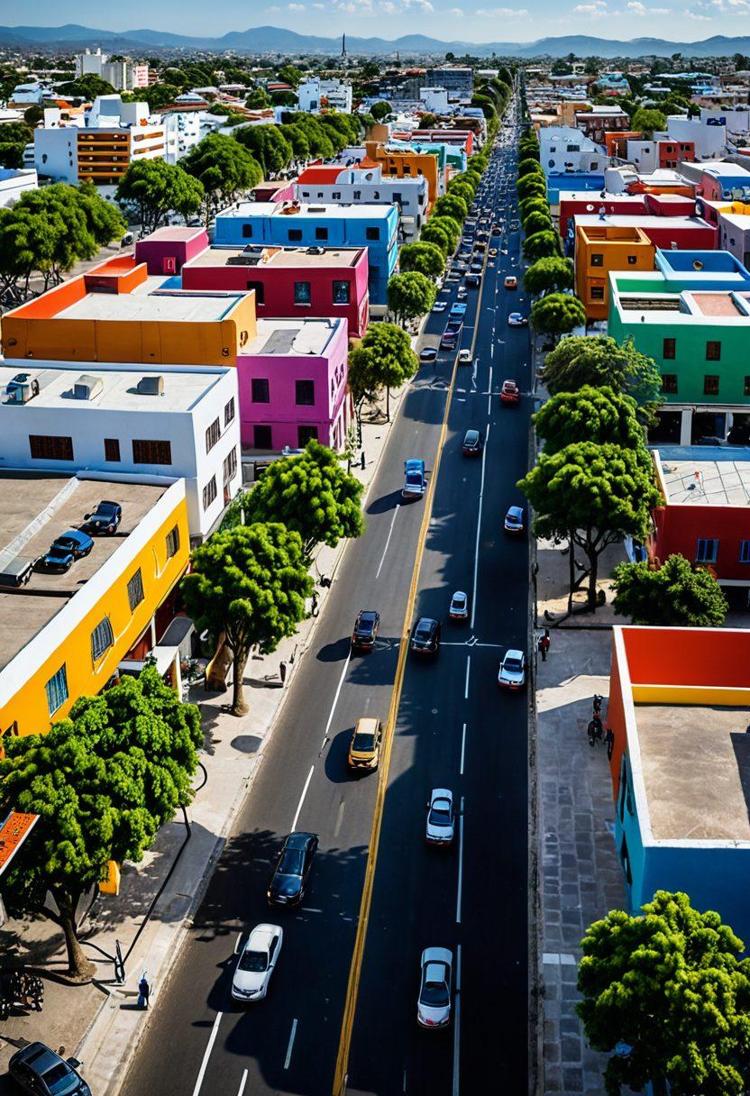 A bustling yet orderly cityscape of Mixco, featuring clean streets, greenery, and modern infrastructure. Show local authorities coordinating traffic, maintaining public spaces, and assisting residents. Emphasize harmony and efficiency in urban living. Vibrant colors with a focus on community engagement. super-realistic. vibrant colors.