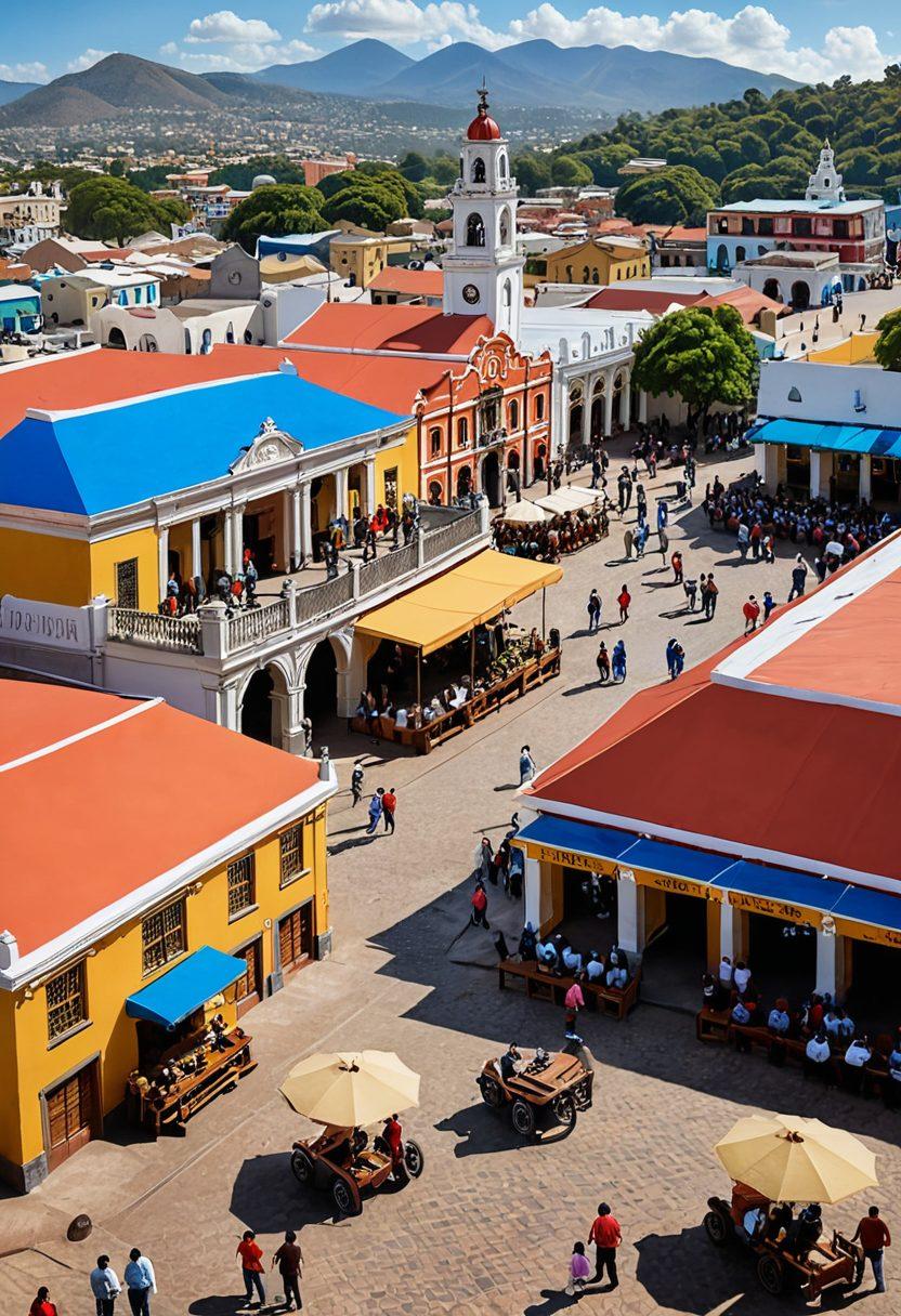 A vibrant scene of Mixco's main square, bustling with life. Include detailed depictions of municipal buildings with a colonial architectural style, local community centers, and citizens engaging in various activities such as visiting market stalls, attending community workshops, and enjoying public spaces. Capture a sense of unity and culture with colorful decorations and traditional folk elements. super-realistic. vibrant colors. wide panorama.