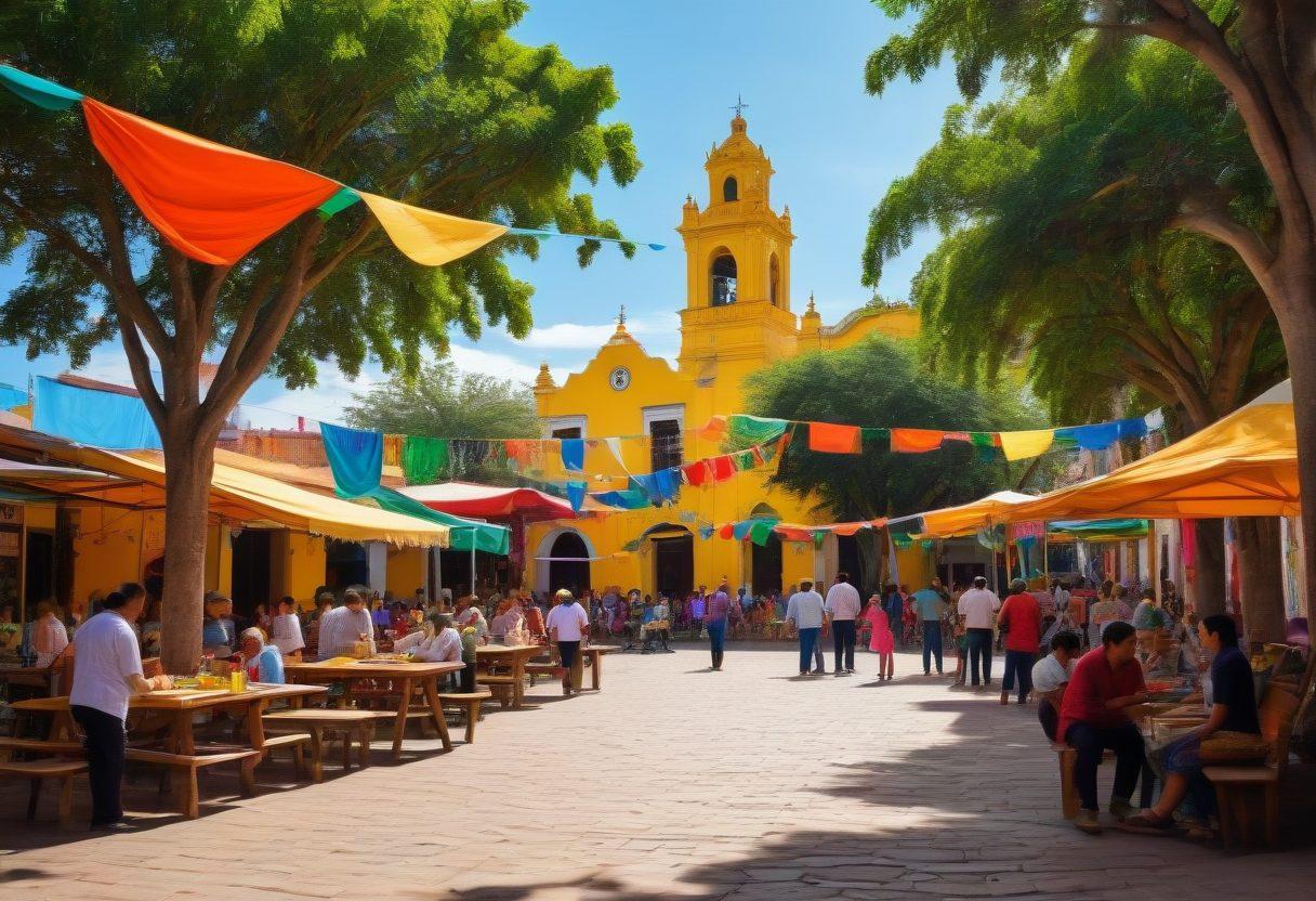 A bustling town square in Mixco filled with community members engaging in various activities—families at a local farmers market, children playing in a park, elderly folks chatting on benches, and civic buildings like a library and town hall in the background. Lush greenery and vibrant banners celebrating local culture add color and liveliness. super-realistic. vibrant colors.